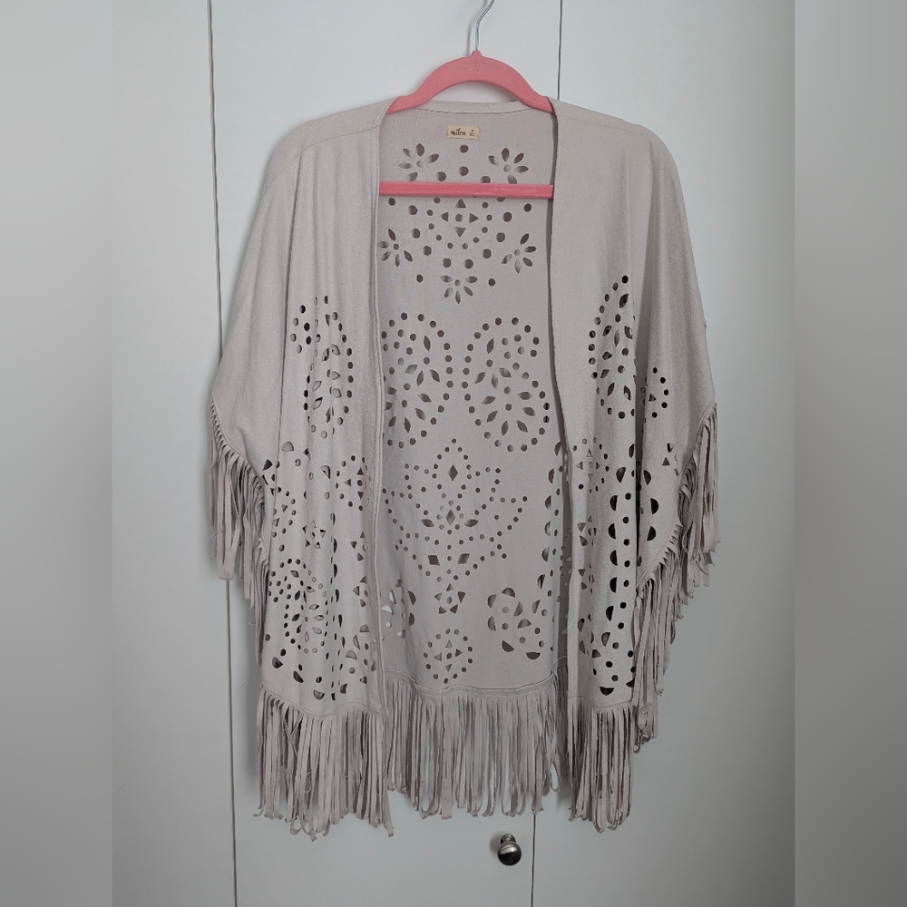 Hollister Light Gray Fringe Poncho with Cutout Design